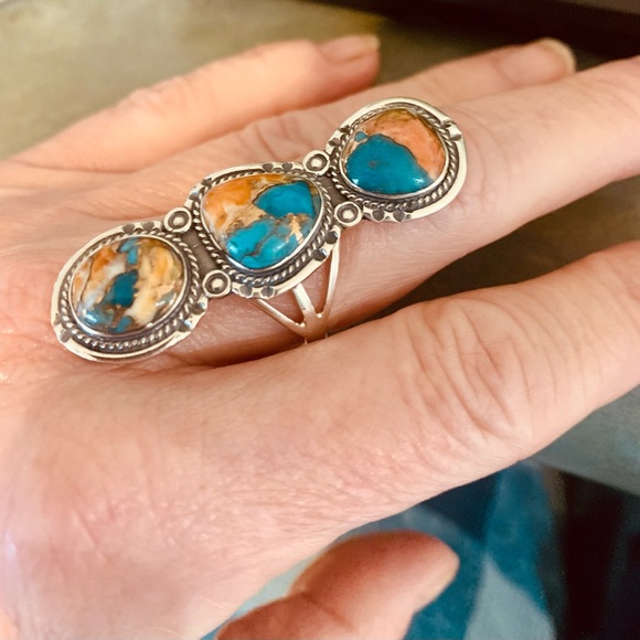 Huge Spiny Turquoise Bold 3 Stone Ring in Sterling Silver 9 Grams 2.50 ctw NWT - Picture 3 of 8
